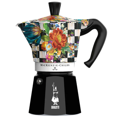 Bialetti Moka Express coffee maker with Mackenzie Childs design, stainless steel hardware, Brew Italia brand, 6-cup size.
