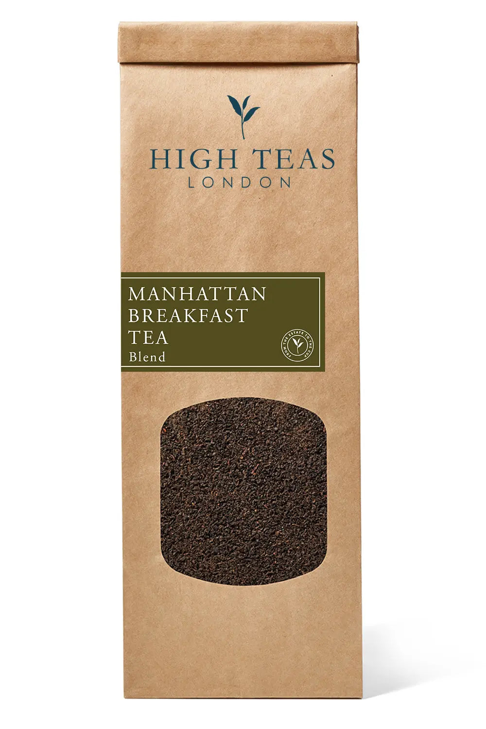 Loose leaf Manhattan Breakfast Tea by High Teas in a clear glass jar with a metal lid, showcasing dark tea leaves.