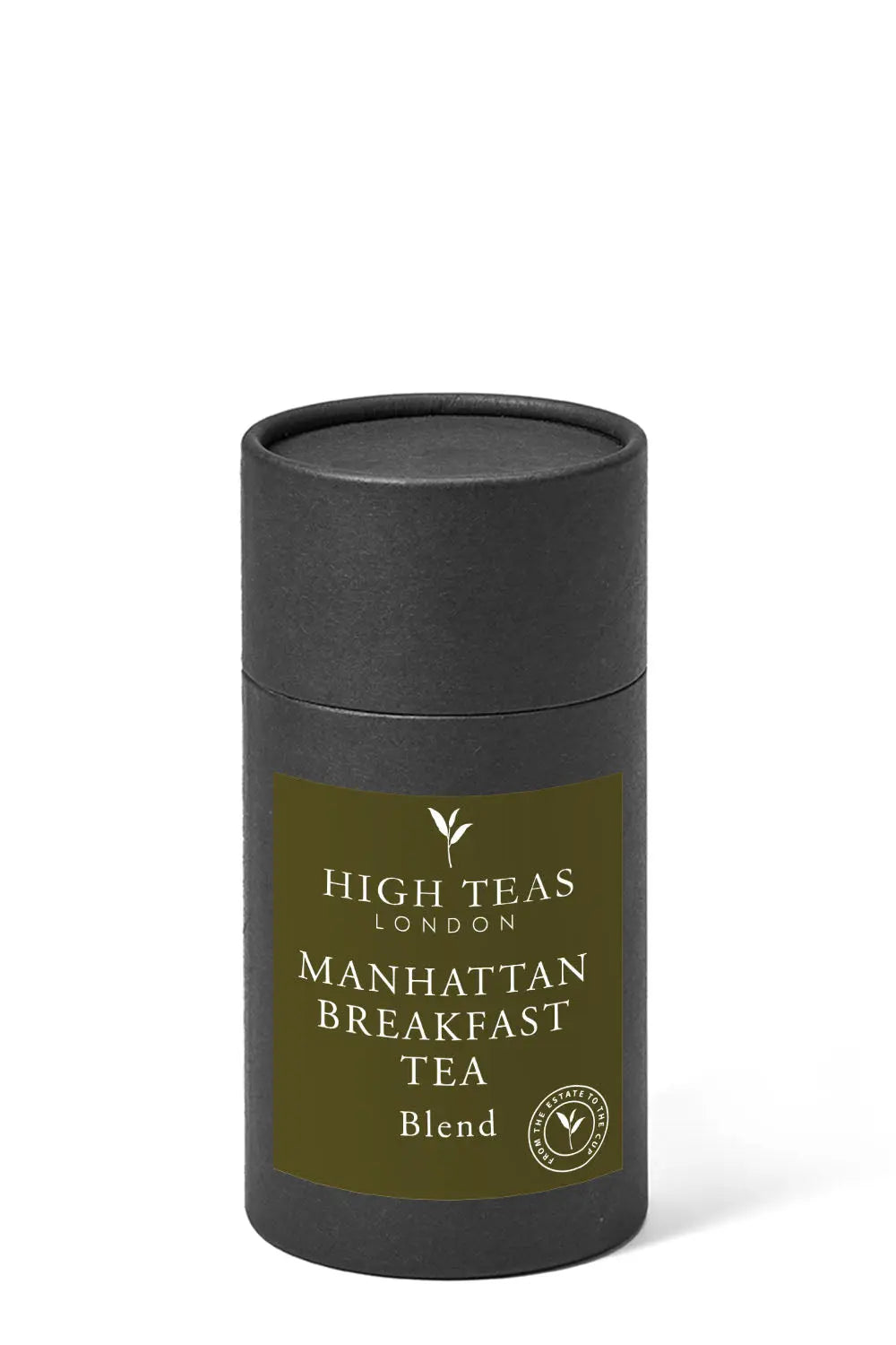 Loose leaf Manhattan Breakfast Tea by High Teas, showcasing vibrant tea leaves in a clear glass jar.