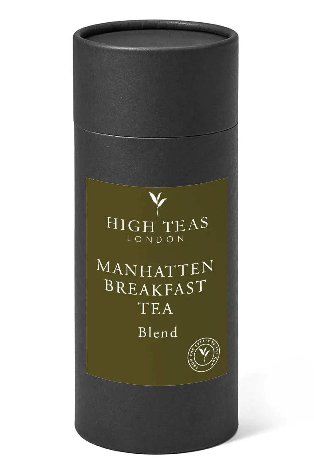 Loose leaf Manhattan Breakfast Tea by High Teas in a clear glass jar with a tea infuser, showcasing golden-brown tea leaves.