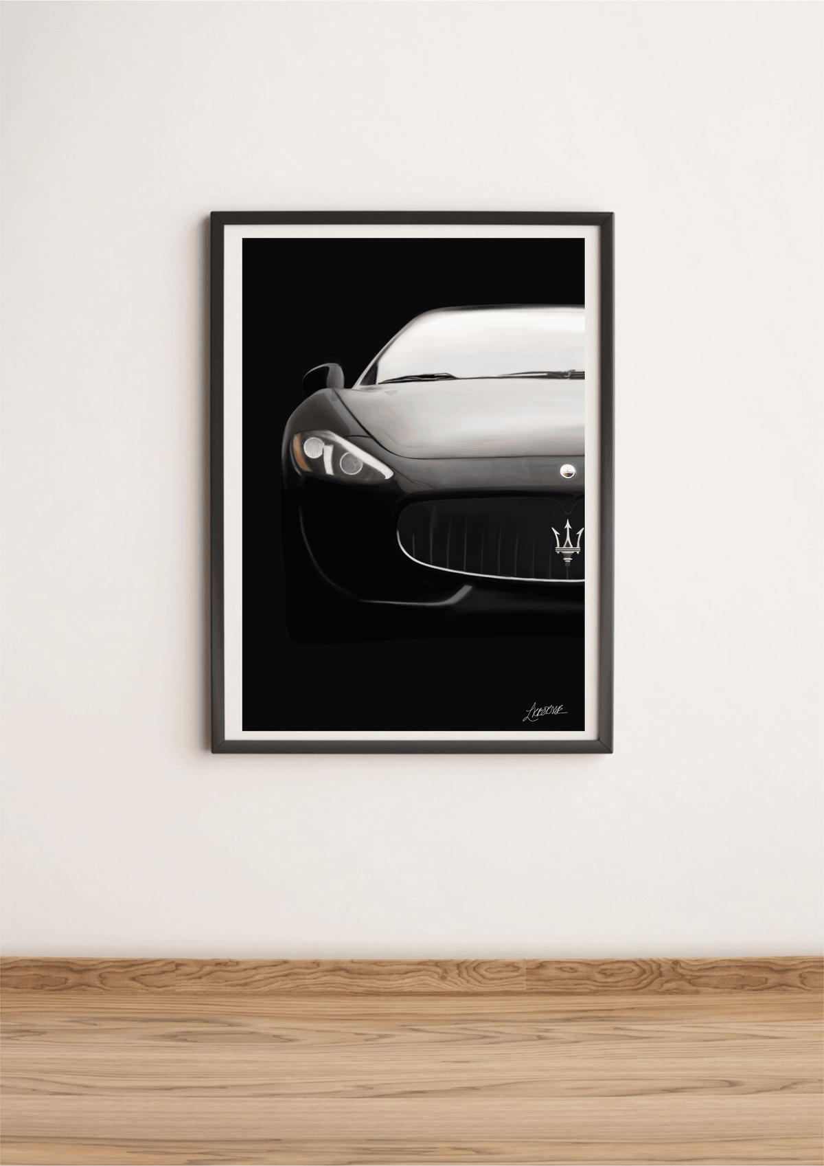 Maserati art print by KEOLIX featuring a sleek black Maserati car illustration on high-quality print paper.