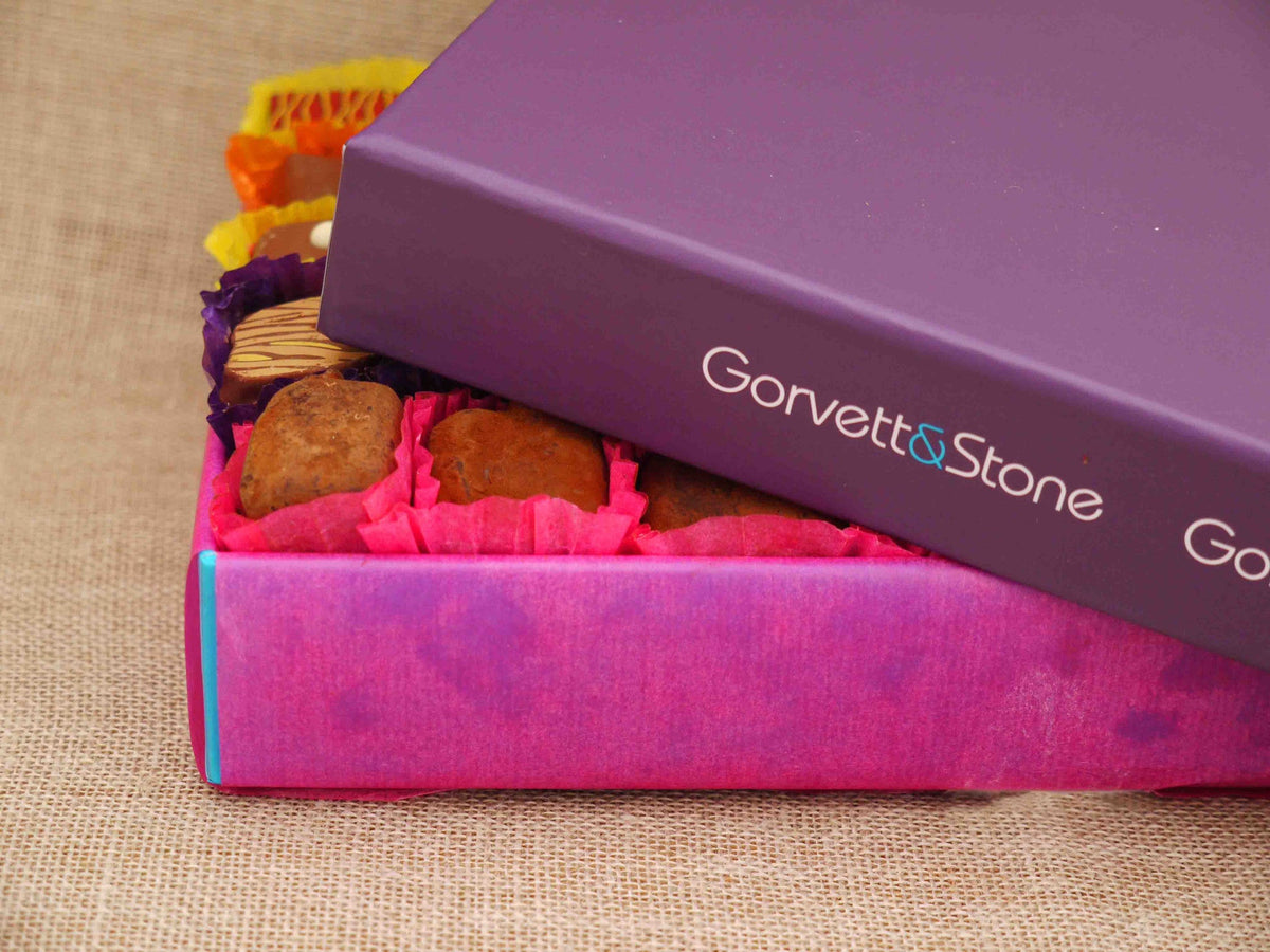 Gorvett & Stone milk chocolate selection box with assorted chocolates in a decorative gift box.