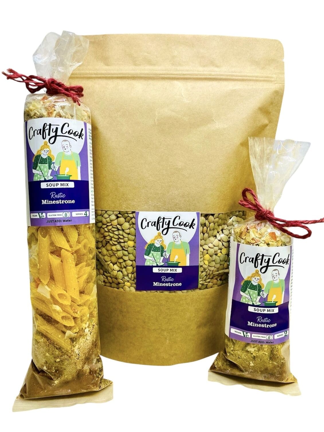 Crafty Cook minestrone soup mix in a resealable bag, featuring dried vegetables and legumes for gluten-free vegetarian soup.