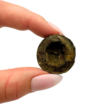 Mini Pu-erh Toucha black tea from Porter Hill Tea Company, showing small compressed tea cake with dark leaves and rich texture.
