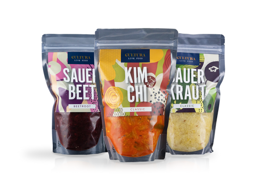 Cultura Live Food Mixed Bundle 3 Pack with assorted live food products in clear packaging, ideal for promoting healthy eating.