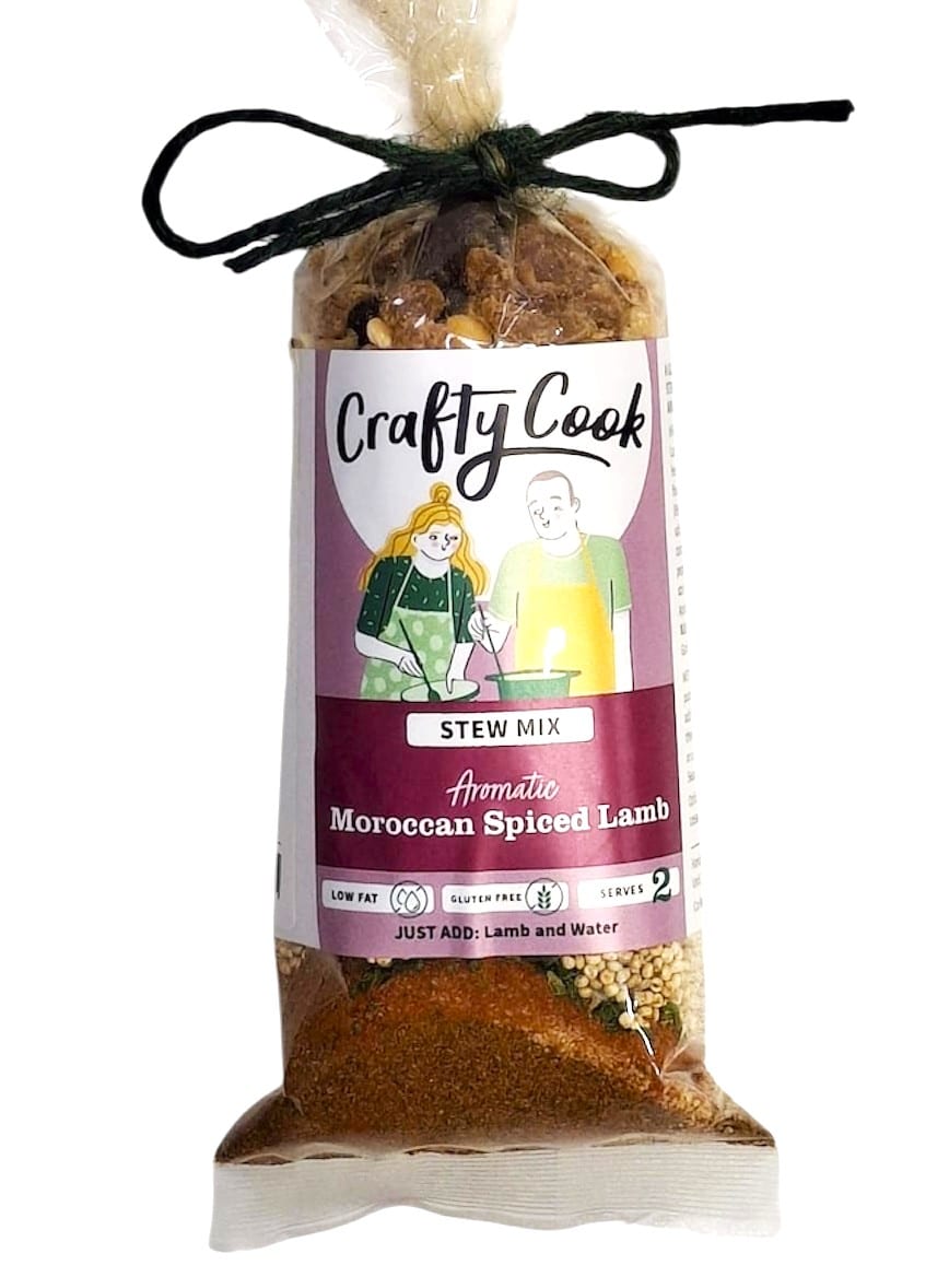 Crafty Cook Stew Collection with three 2-serving Moroccan-style meals in colorful mini bowls, ready to serve.