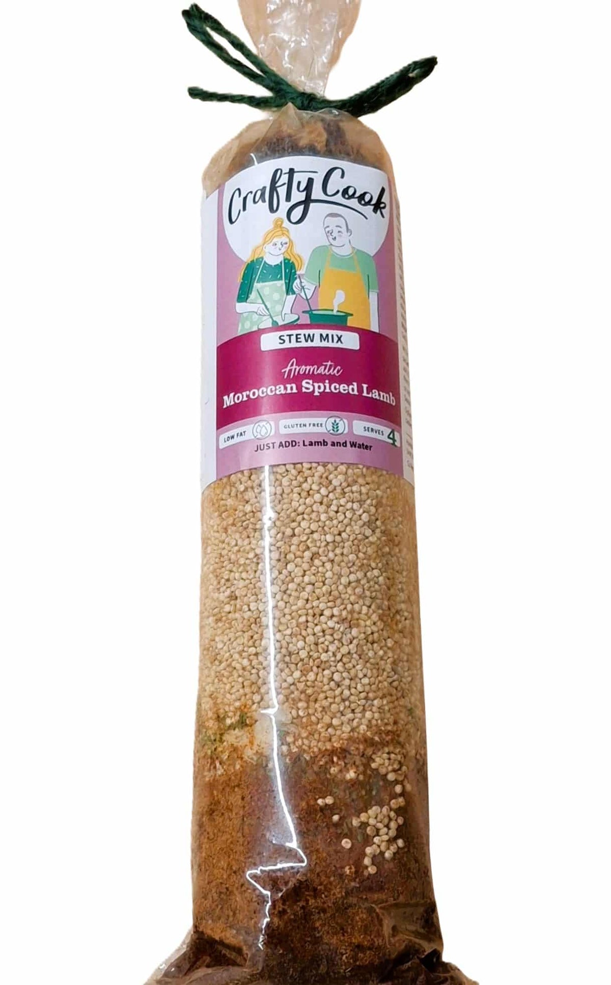 Moroccan spiced lamb stew mix by Crafty Cook, gluten-free seasoning blend with aromatic spices and herbs in a sealed package.
