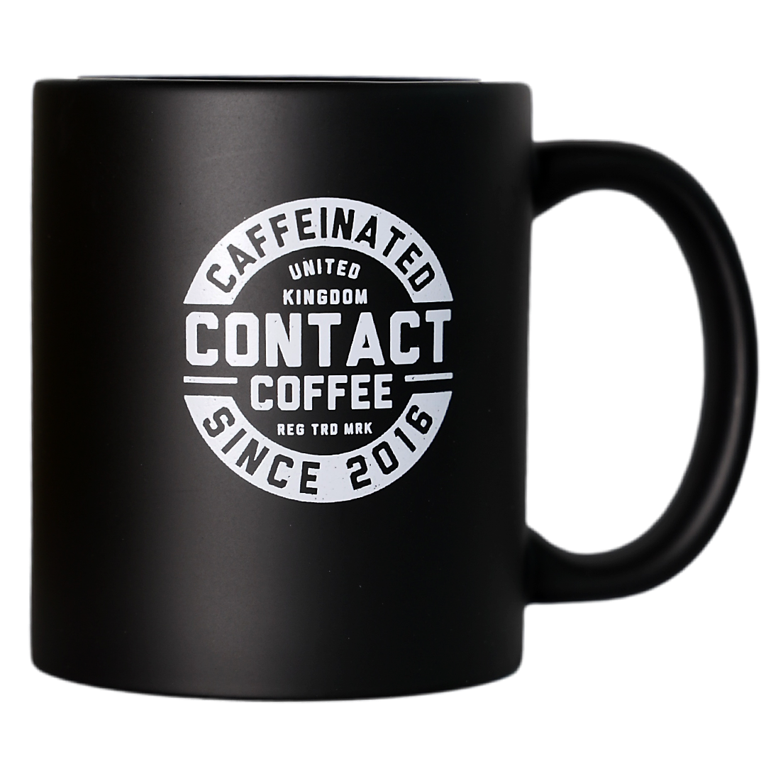 Contact Coffee Co mug from the Sortie Bundle, featuring a stylish coffee gear design on a ceramic mug.