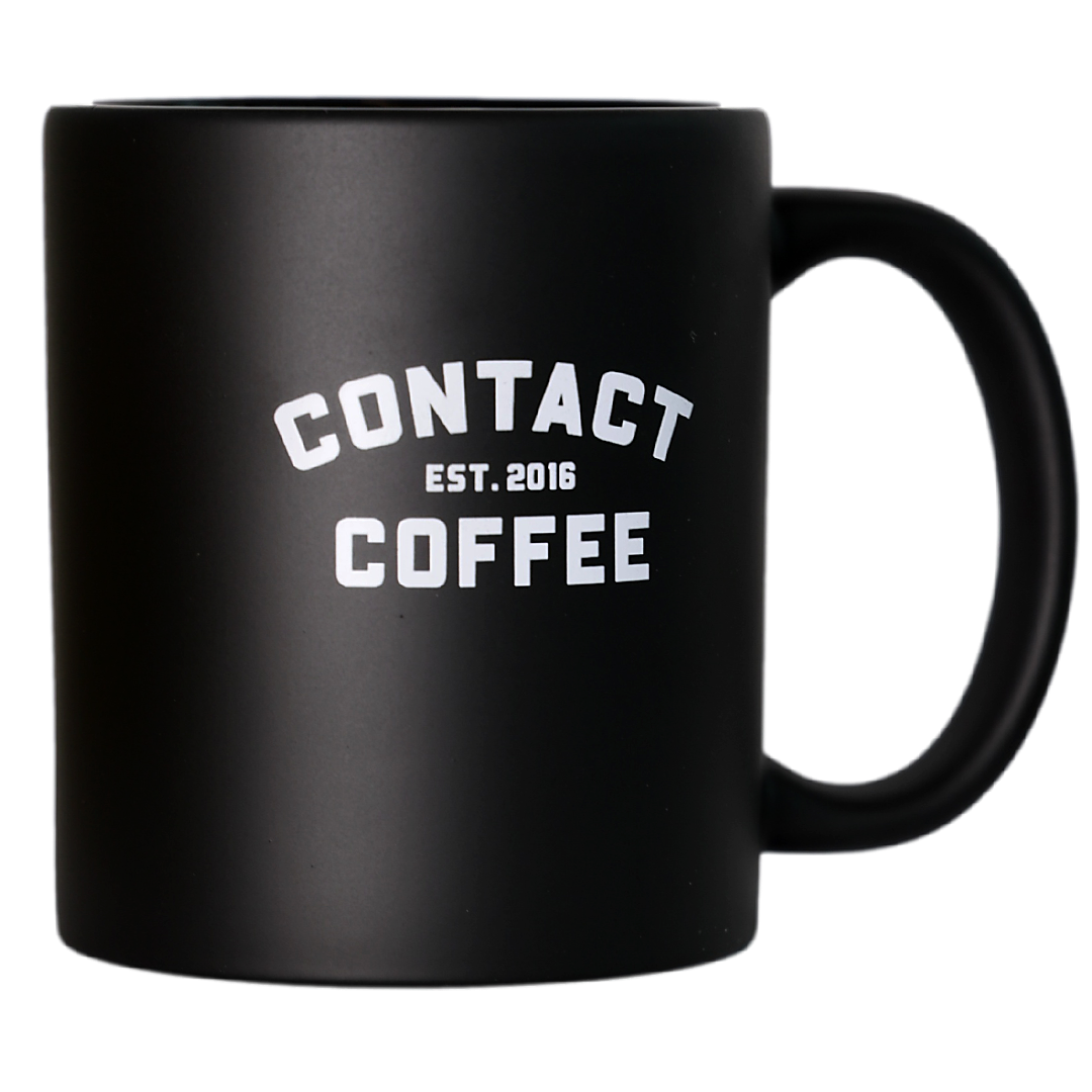 Contact Coffee Co mug featuring the Charlie gear design, ceramic coffee mug with Contact Coffee Company Ltd. branding.