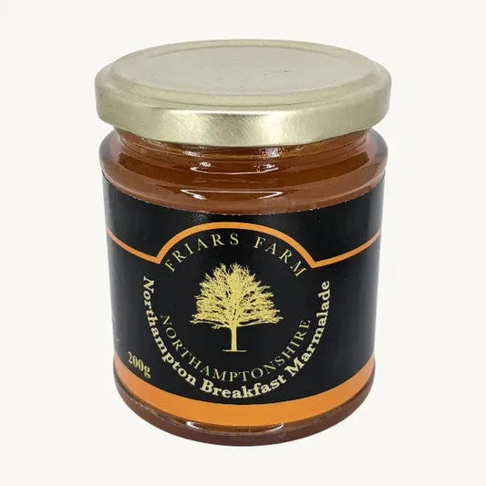 Jar of Friars Farm Northampton Breakfast Marmalade in 200g glass container with a bright orange spread inside.