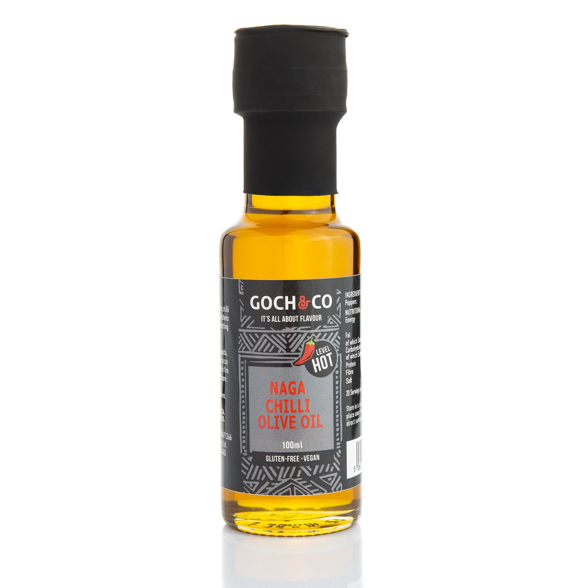 Goch & Co Naga Chilli Olive Oil bottle with red chili peppers and olive oil in a clear glass container, ready for cooking or drizzling.