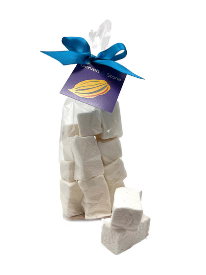 Gorvett & Stone honey and vanilla marshmallows in a clear bag, showing soft, golden marshmallows with vanilla flavoring