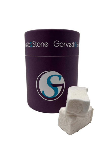 Gorvett & Stone honey and vanilla marshmallow in a clear tub, showing soft, fluffy marshmallows with a honey and vanilla flavor.