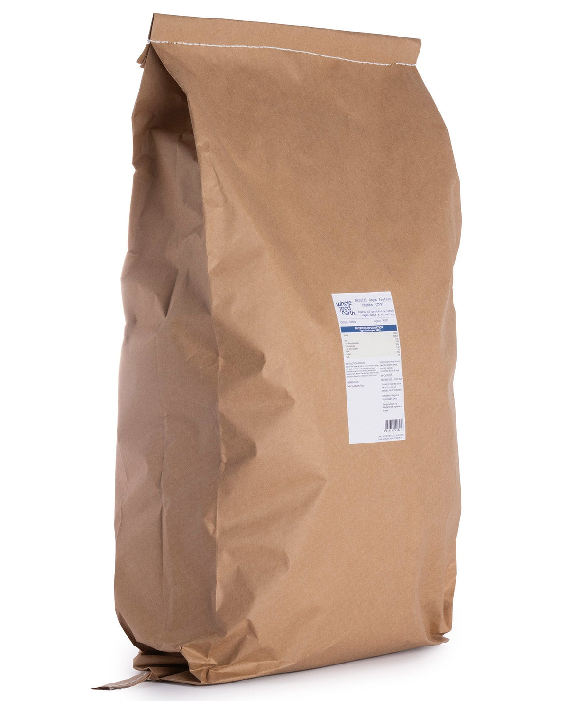 Three kilograms of Whole Food Earth TVP natural soya protein chunks in a clear bag, showing the textured soy product inside.