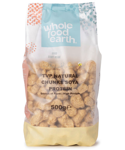 Whole Food Earth TVP natural soy protein chunks in a 500g package, made from beans and pulses.