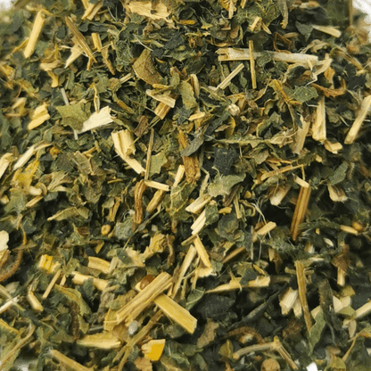 Organic Nettle Tea from Porter Hill Tea Company, herbal fruit tea with fresh green nettle leaves in a tea bag.