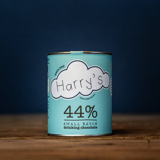 Harry's Hot Chocolate 44% Dark Hot Chocolate powder in a square package, ideal for rich, flavorful hot cocoa drinks.