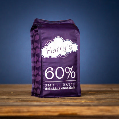 Bag of Harry's Hot Chocolate 60% hot chocolate powder in a 1.6kg bag, shown with the product packaging.