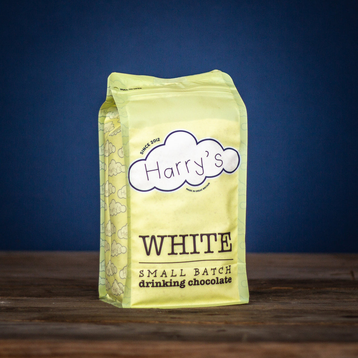 White hot chocolate powder from Harry's Hot Chocolate in a 1.6kg bag, with the white hot chocolate mix visible inside