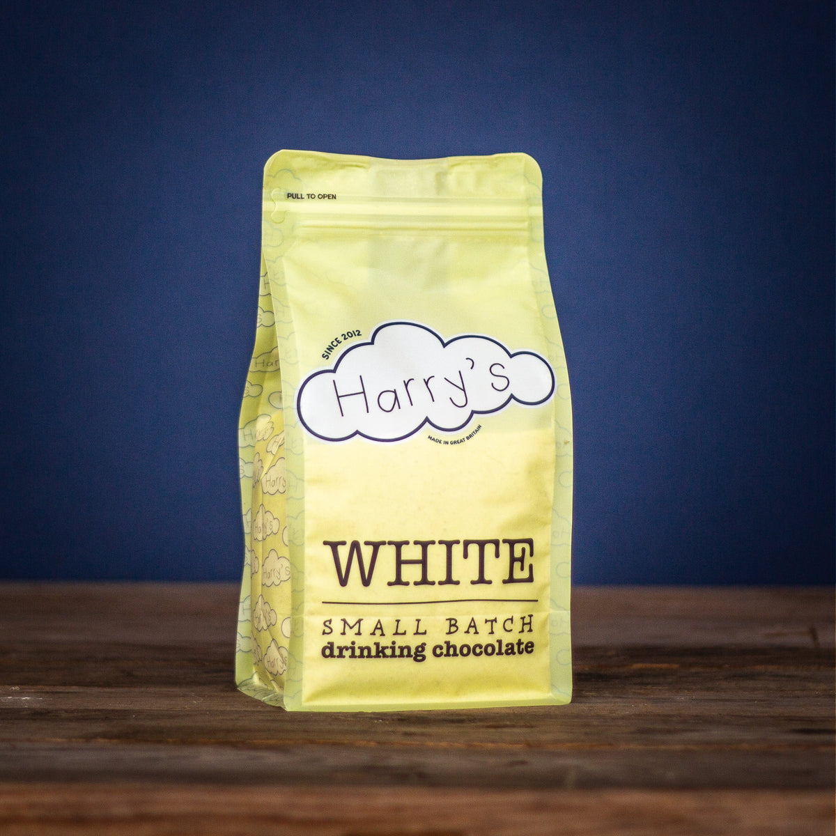 White Harry's Hot Chocolate powder in a 1kg bag, perfect for making rich, creamy hot chocolate drinks.