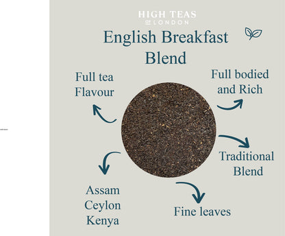 Loose leaf English Breakfast Blend no. 6 tea by High Teas, showing quality medium leaf tea in a clear glass jar.