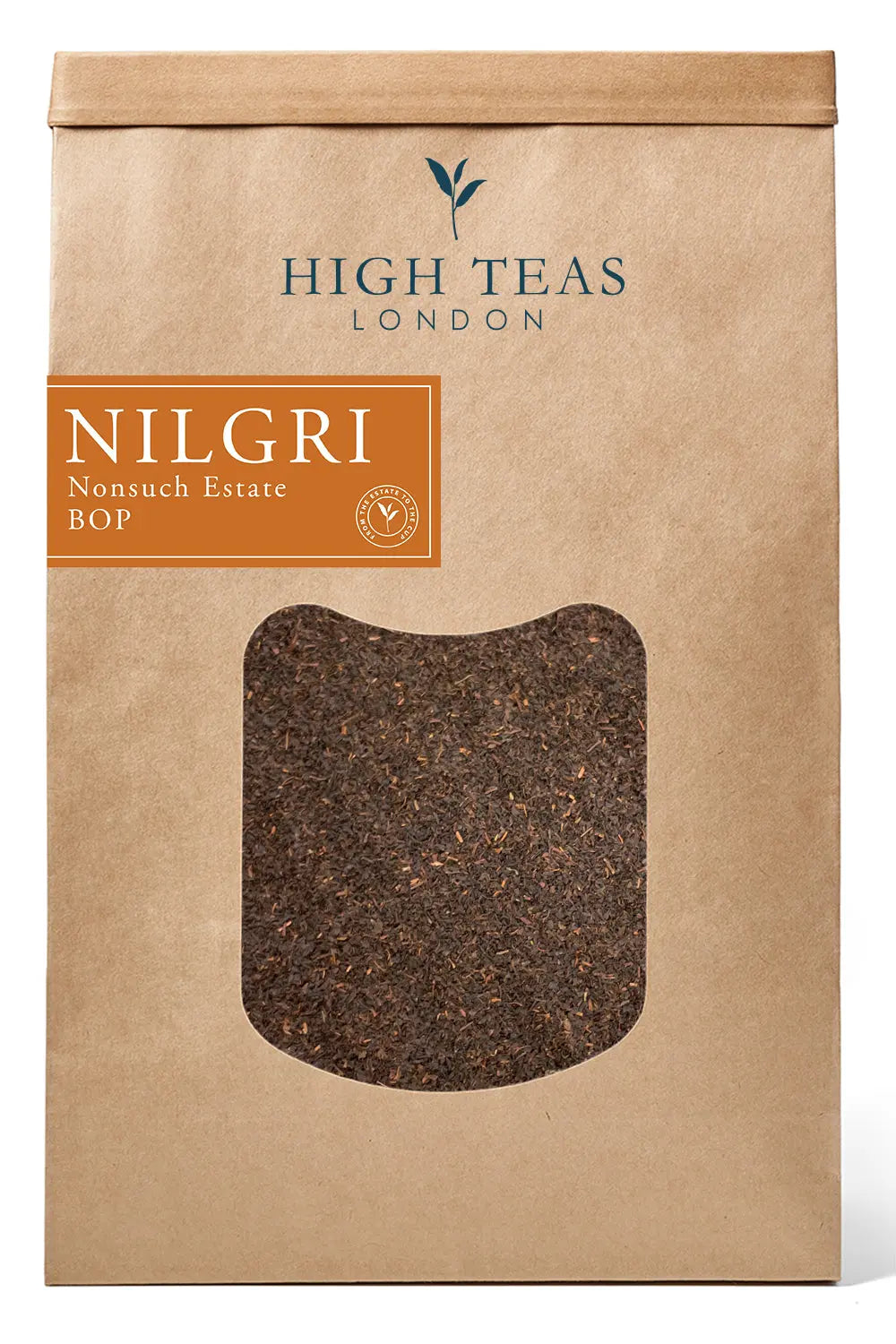 Loose leaf Honest Everyday Nilgiri BOP tea from High Teas, showcasing dark, twisted tea leaves in a clear container.