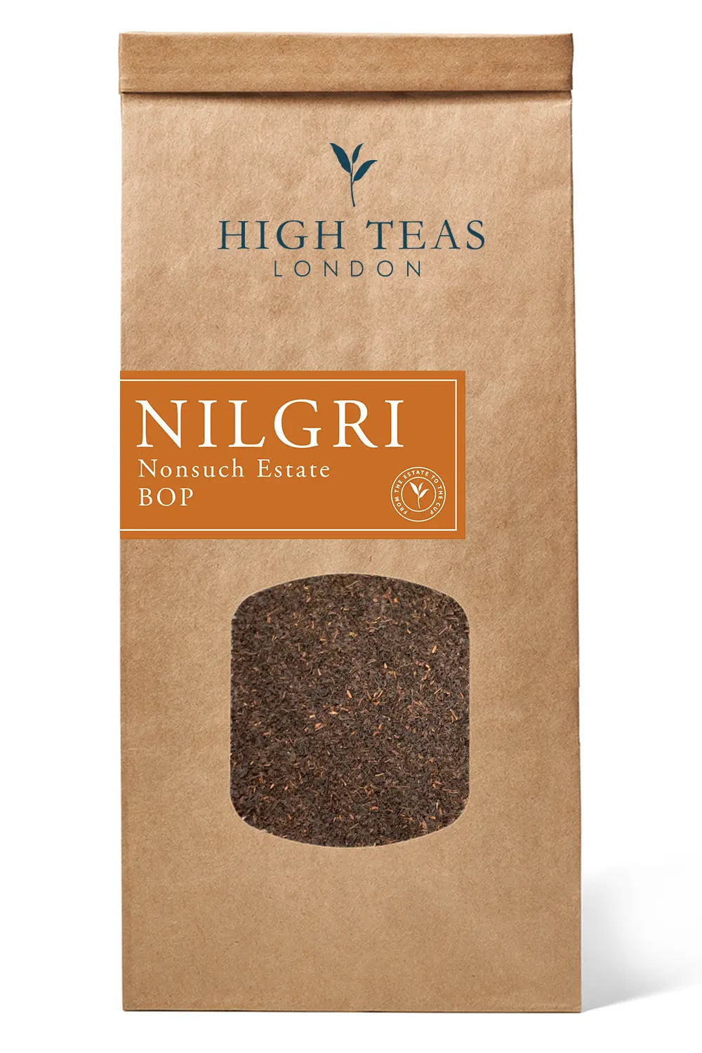 Loose leaf Honest Everyday Nilgiri BOP tea from High Teas, shown in a clear image of dark, twisted Nilgiri tea leaves.