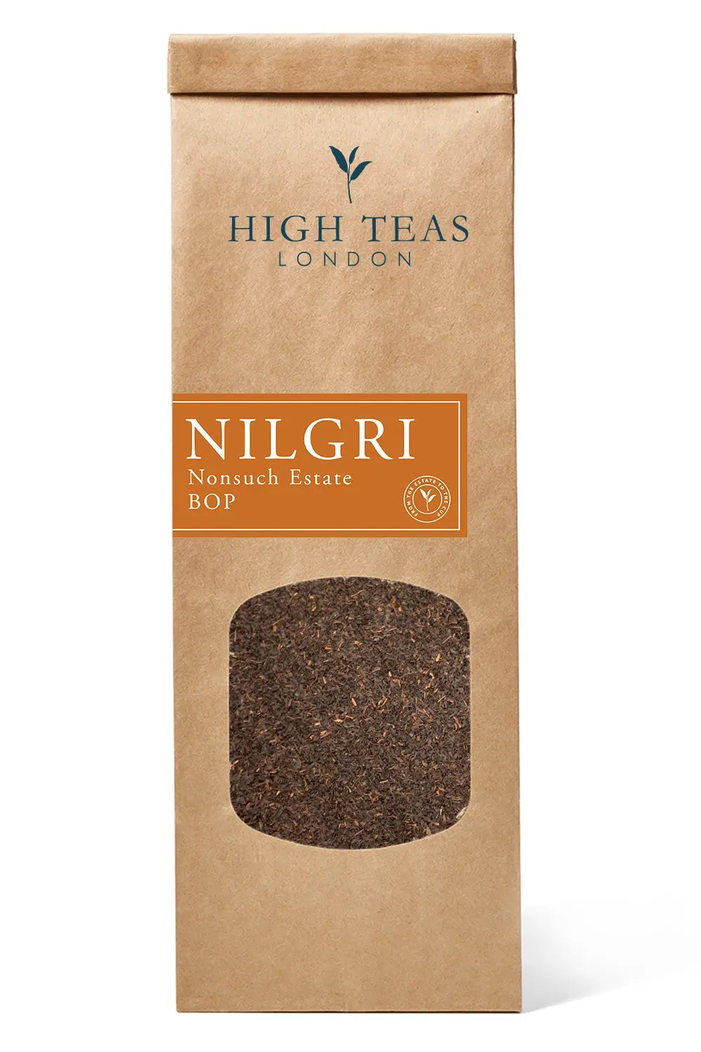 Loose leaf Honest Everyday Nilgiri BOP tea from High Teas, showing dark twisted leaves in a premium tea package.