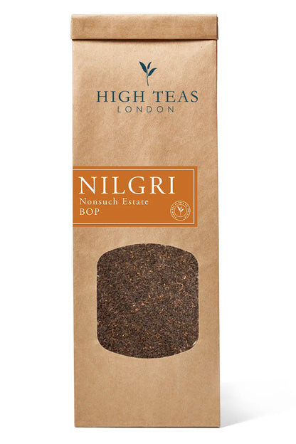 Loose leaf Honest Everyday Nilgiri BOP tea from High Teas, showing dark twisted leaves in a premium tea package.