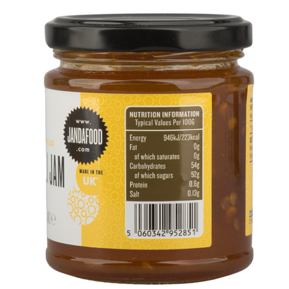 Janda Amarillo Yellow Chilli Jam 210g jar with label, showcasing bright yellow chili jam perfect for cheese and barbecue accompaniments