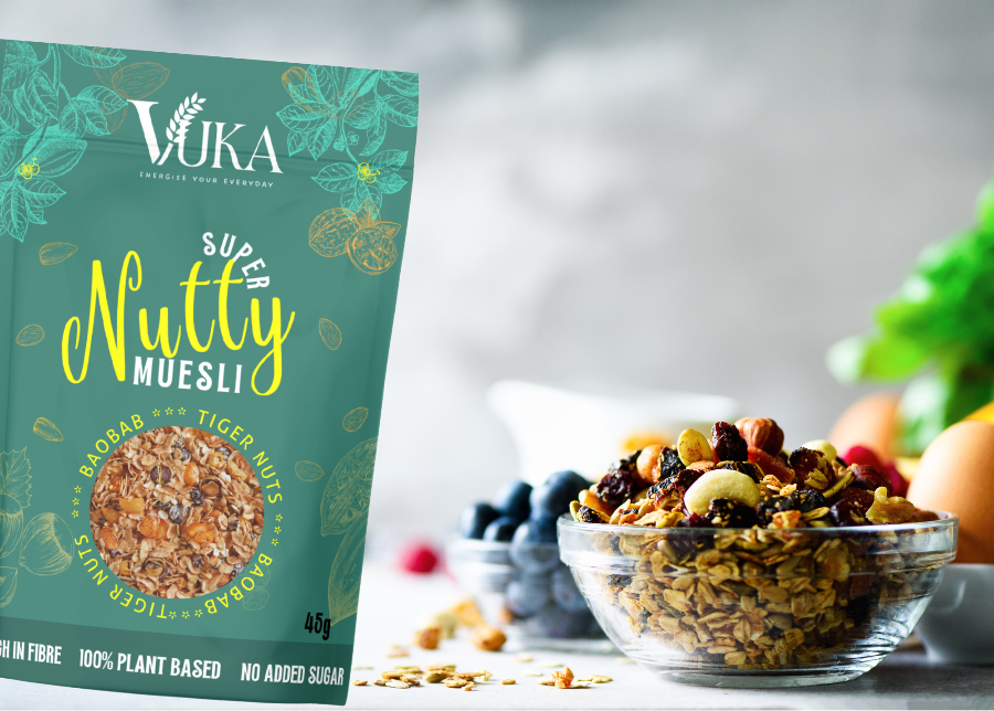 Goch & Co condiment and sauce subscription box with nutty muesli bowl topped with fresh nuts and dried fruits.