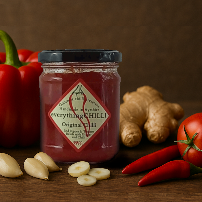 Gourmet chilli jam beside its fresh natural ingredients. Scottish chilli jam