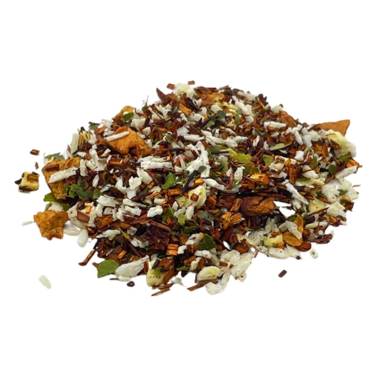 A cup of tropical Rooibos tea with herbs and fruits, showcasing the Camellios Tea & Infusions product on a wooden table.