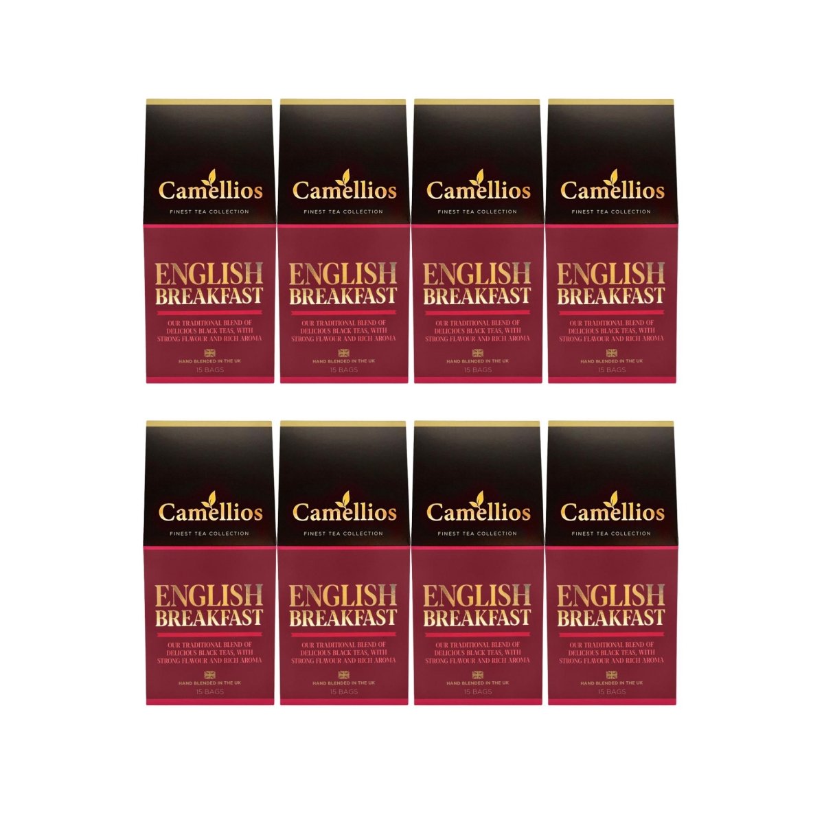 Camellios English Breakfast tea and infusions in a box, featuring a variety of tea bags for a hearty breakfast brew.