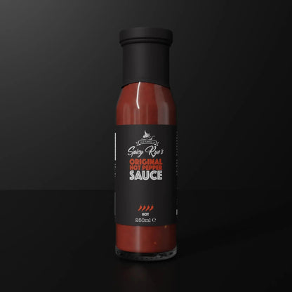 Spicy Ryes Original Hot Pepper Sauce bottle with vibrant red chili pepper label, showcasing fiery hot sauce in a glass bottle.