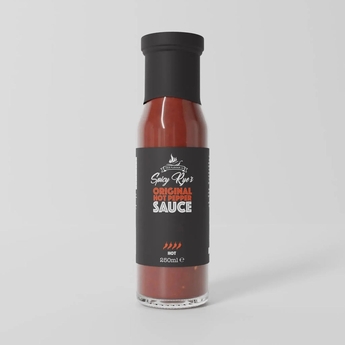 Spicy Ryes Original Hot Pepper Sauce bottle with bright red pepper logo and label, showcasing the hot sauce's fiery flavor.