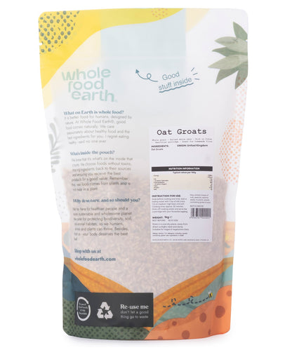 Whole Food Earth oat groats in a 1kg bag, showing the unprocessed whole oat grains for healthy breakfast or baking.