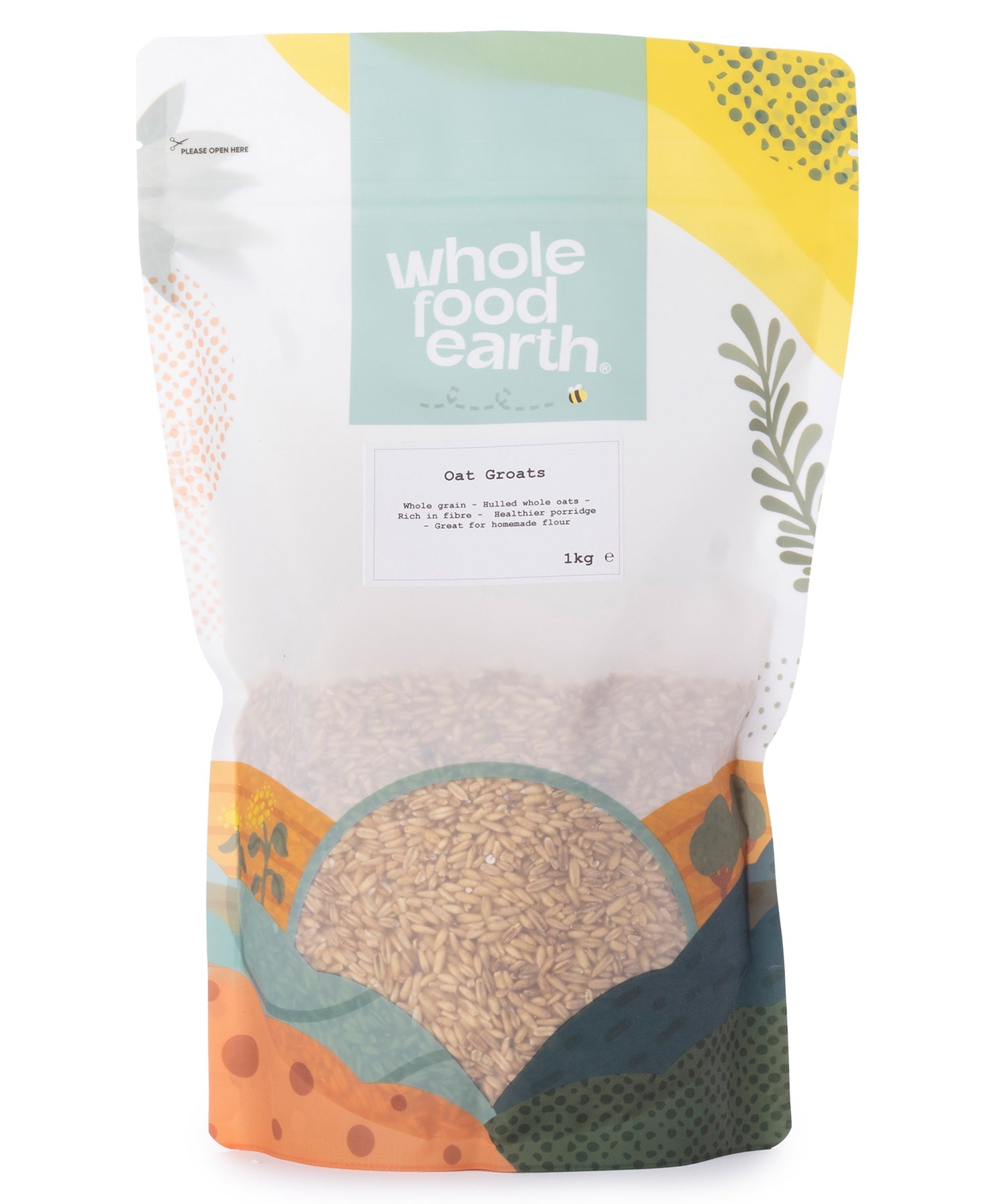 Whole Food Earth oat groats in a 1kg bag, showing the raw, whole oat grains suitable for cooking or baking.