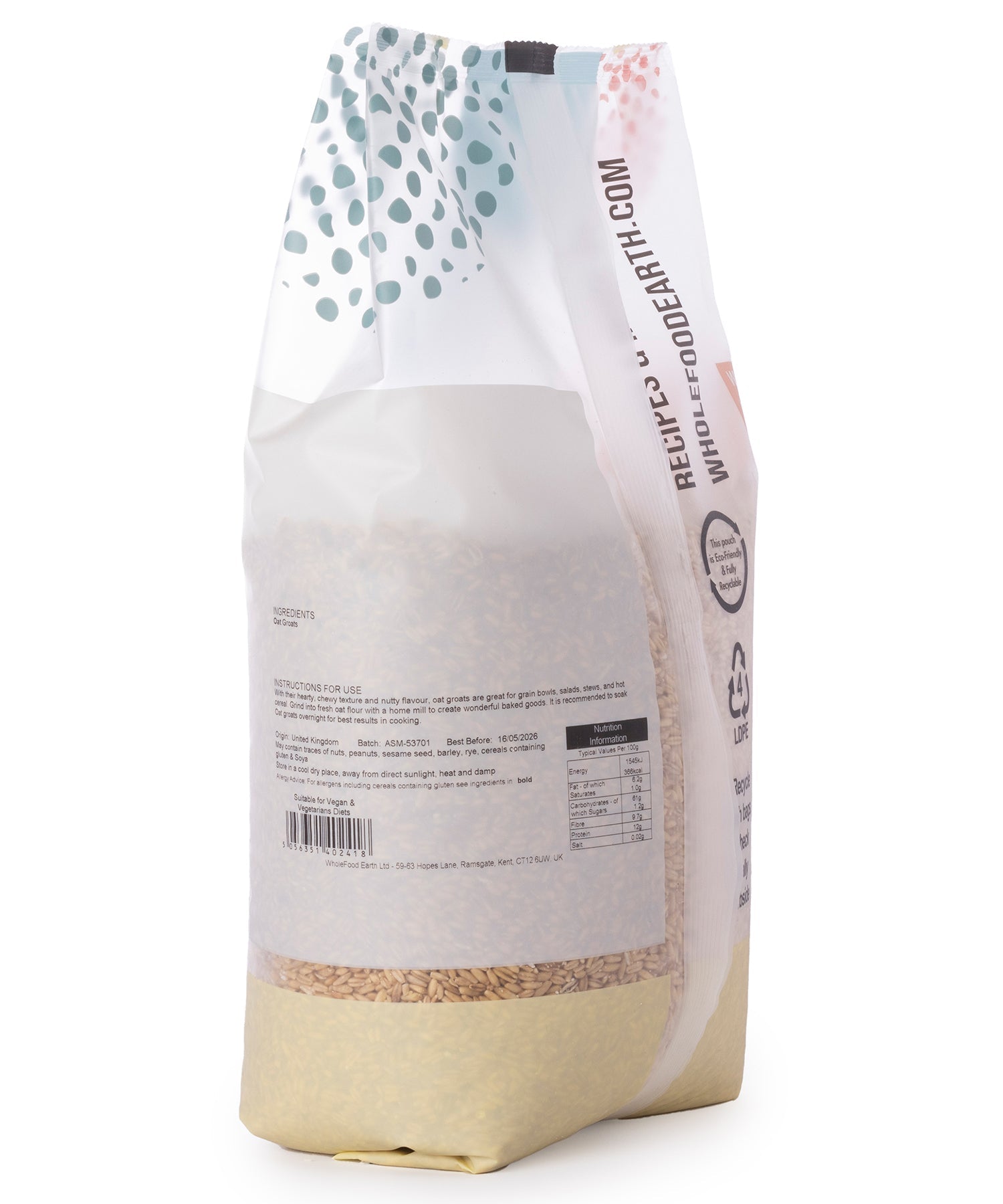 Whole Food Earth oat groats in a 2kg bag, showing the unprocessed whole oat grains on the packaging.