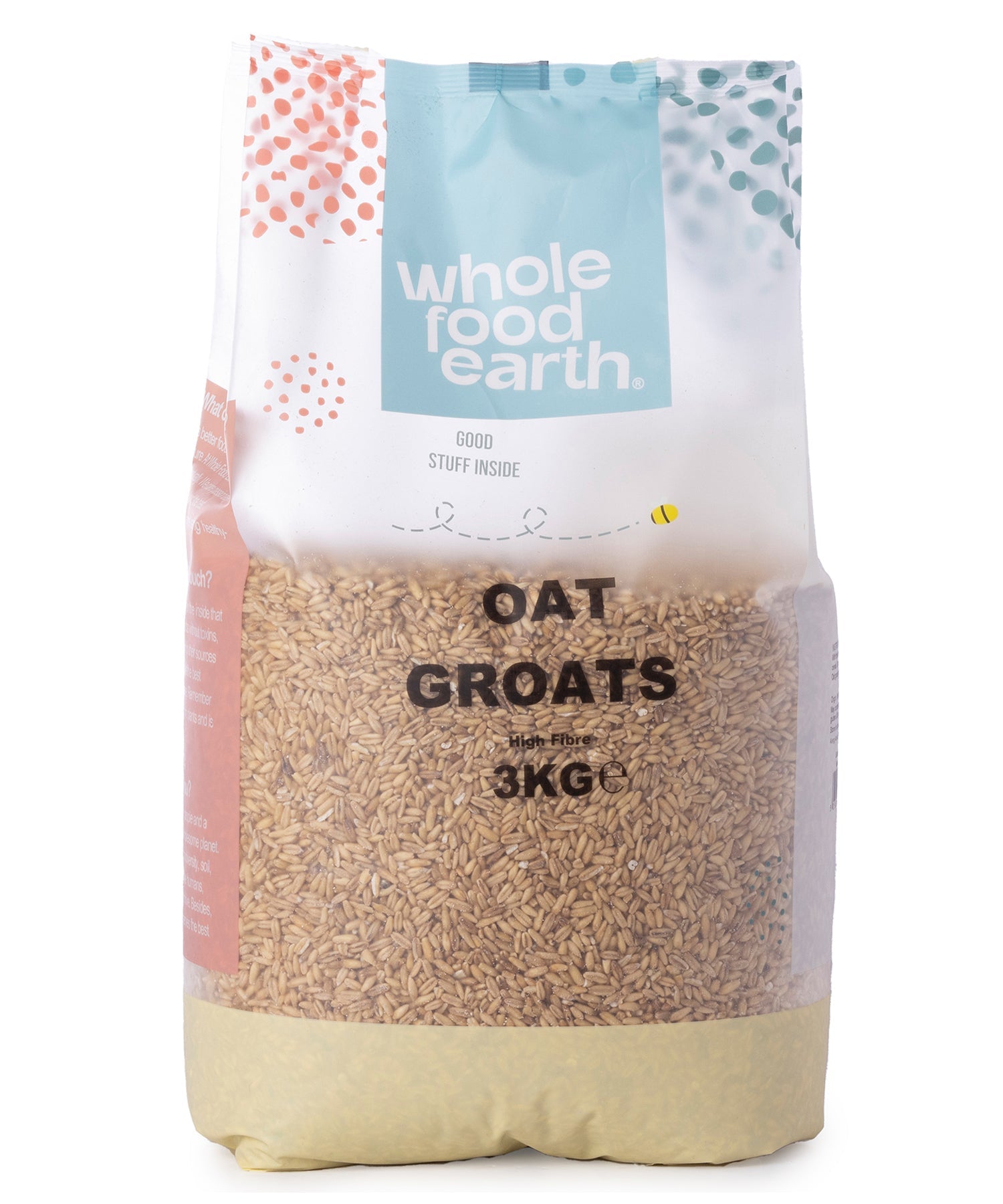 Whole Food Earth oat groats in a 3kg bag, displaying whole, unprocessed oat grains for healthy cooking and baking.