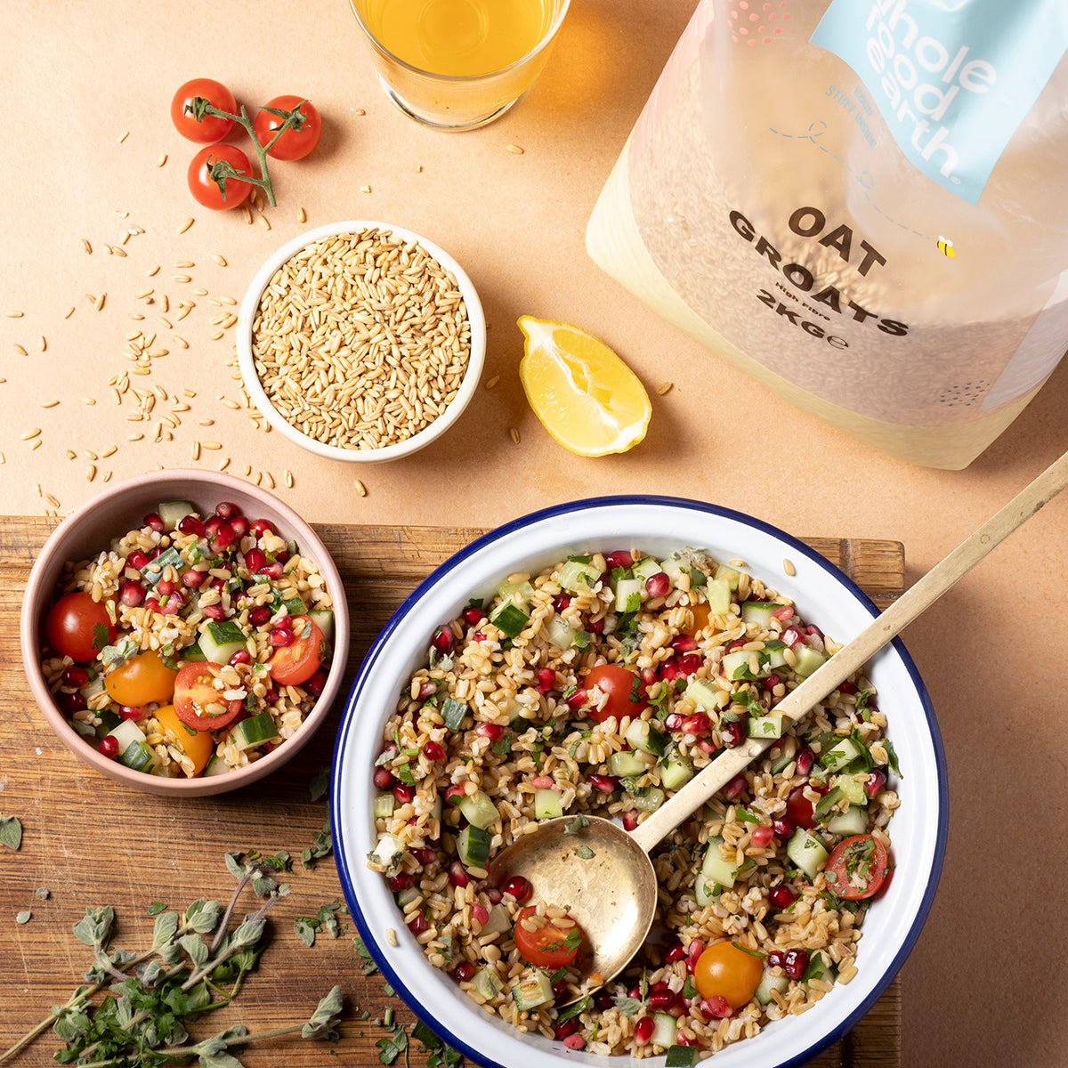 Whole Food Earth oat groats in a bowl, showcasing whole grains and natural texture for healthy breakfast or cooking.
