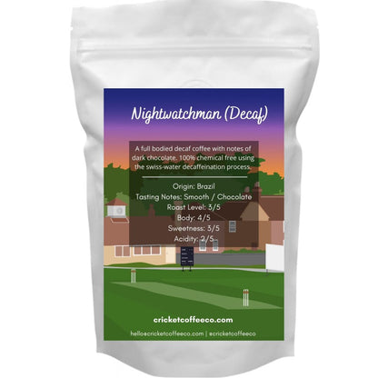 Bag of Clubhouse Roastery Nightwatchman Decaf Coffee in white packaging, showcasing the decaffeinated coffee product.