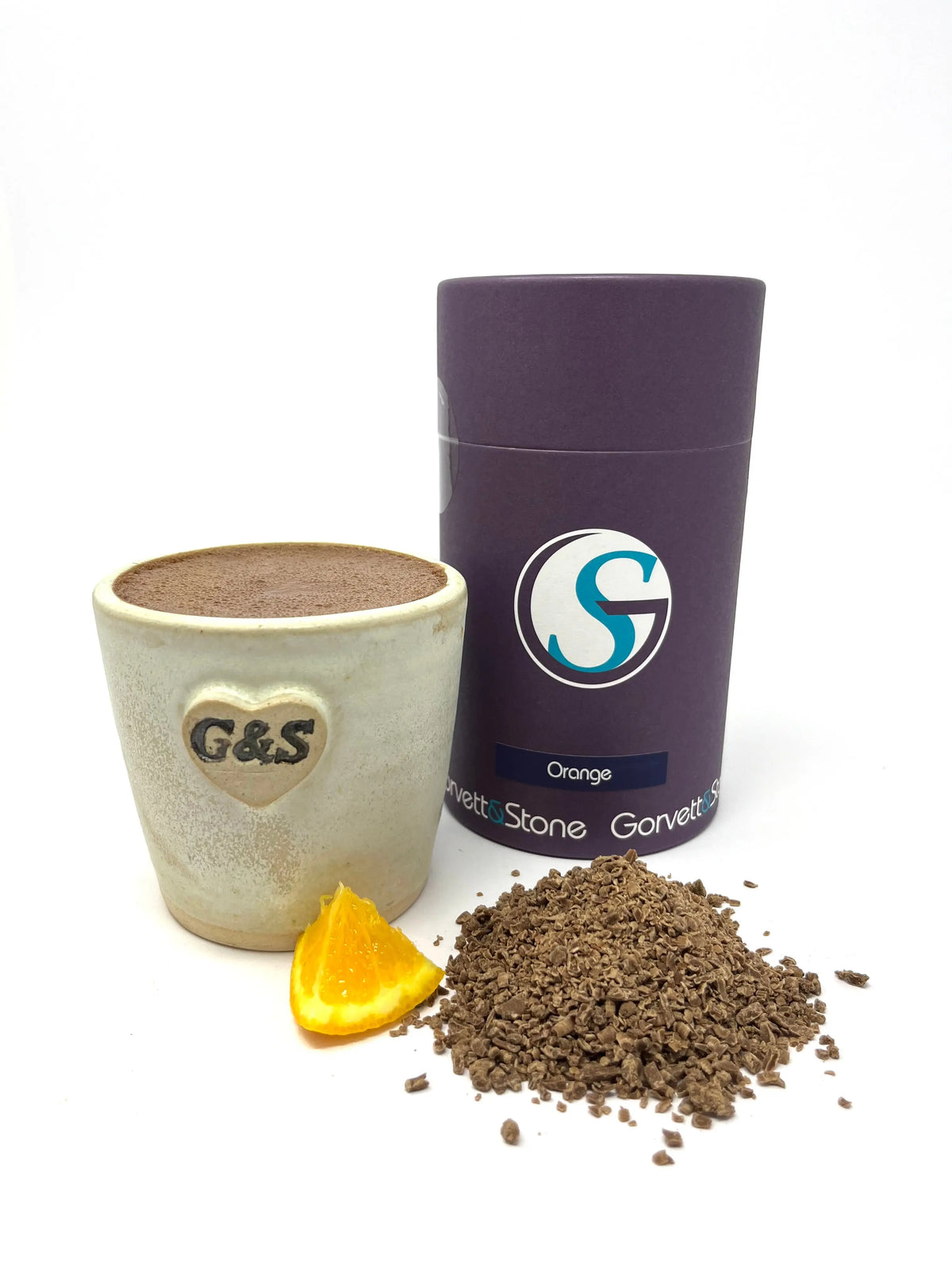 Gorvett & Stone orange drinking chocolate tube with vibrant orange packaging and a clear view of the chocolate inside.