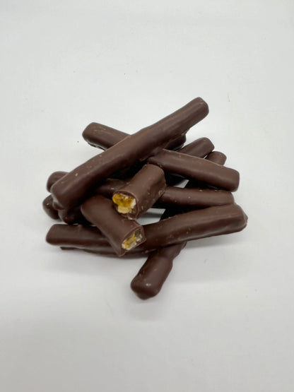 Dark chocolate orangette with candied orange peel from Gorvett & Stone, showcasing glossy chocolate-covered orange segments.