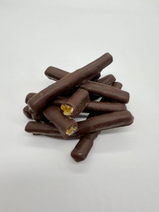 Dark chocolate orangette with candied orange peel from Gorvett & Stone, showcasing glossy chocolate-covered orange segments.
