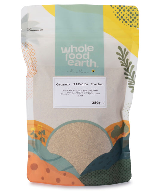 Organic alfalfa powder from ArtisanBox in a 250g package, showing the green, finely ground herbal powder in a clear container.