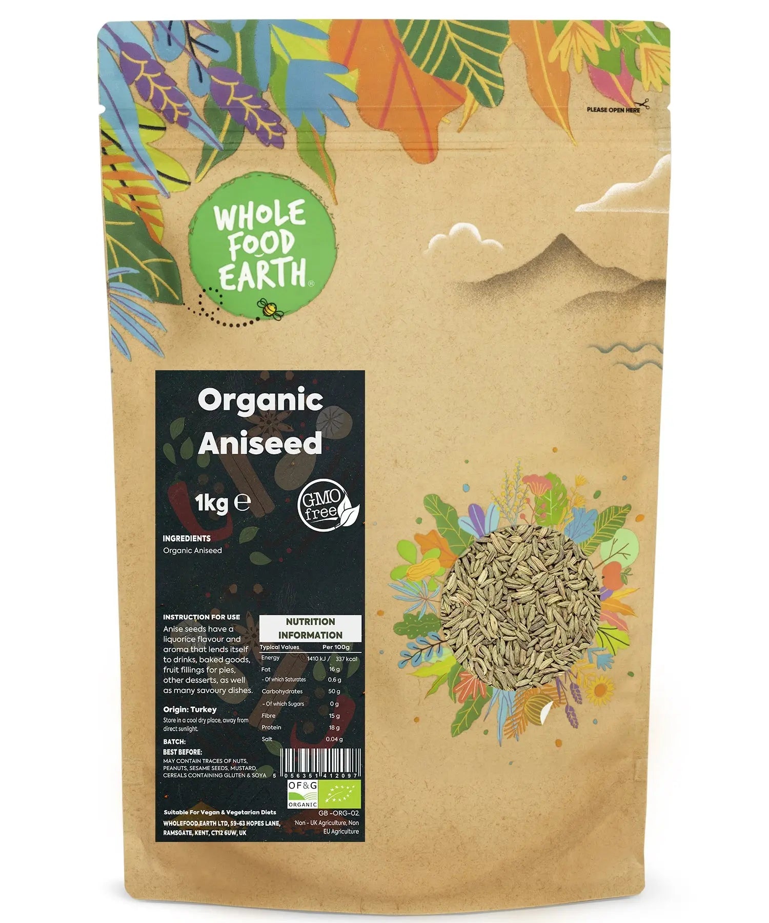 Organic whole aniseed in a 1kg bag, showing small brown seeds used as herbs and spices from Whole Food Earth.