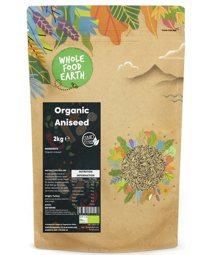 Organic Whole Food Earth aniseed herbs and spices in a 2kg package, showing fresh, aromatic aniseed seeds.