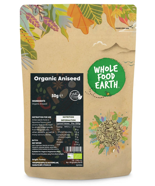 Organic aniseed spice in a 50g package from ArtisanBox, showing small, aromatic seeds used for cooking and baking.
