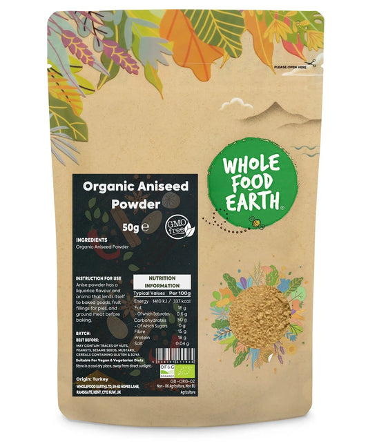 Organic Aniseed Powder from ArtisanBox, showcasing a close-up of the finely ground, aromatic spice in a clear jar.
